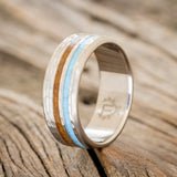 "COSMO" - WHISKEY BARREL OAK & TURQUOISE WEDDING RING FEATURING A HAMMERED BAND-1