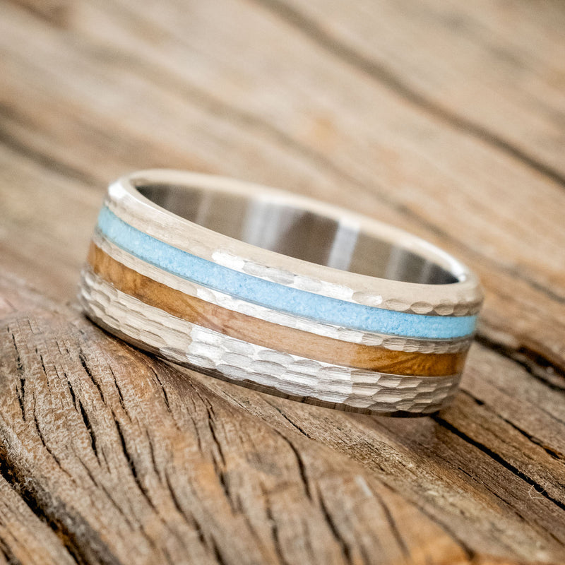 "COSMO" - WHISKEY BARREL OAK & TURQUOISE WEDDING RING FEATURING A HAMMERED BAND-2