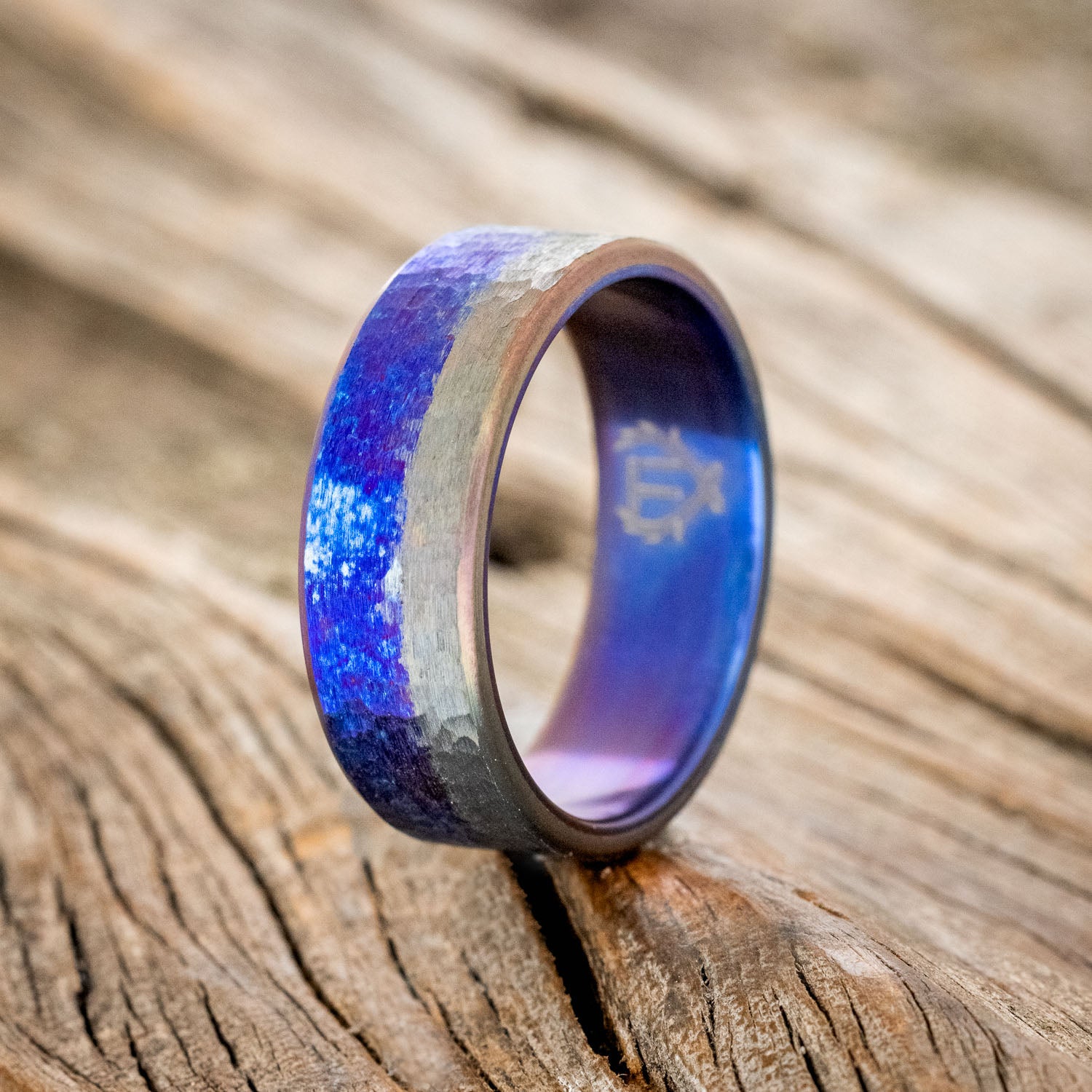 MATCHING SET OF FIRE-TREATED TITANIUM WEDDING RINGS WITH BLACK ZIRCONIUM OVERLAY & HAMMERED FINISH-2