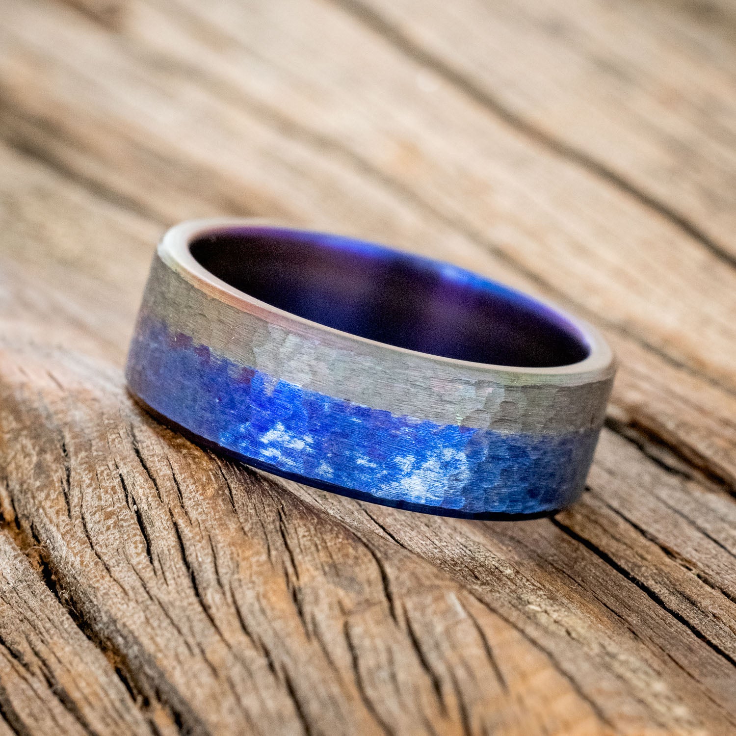 MATCHING SET OF FIRE-TREATED TITANIUM WEDDING RINGS WITH BLACK ZIRCONIUM OVERLAY & HAMMERED FINISH-6