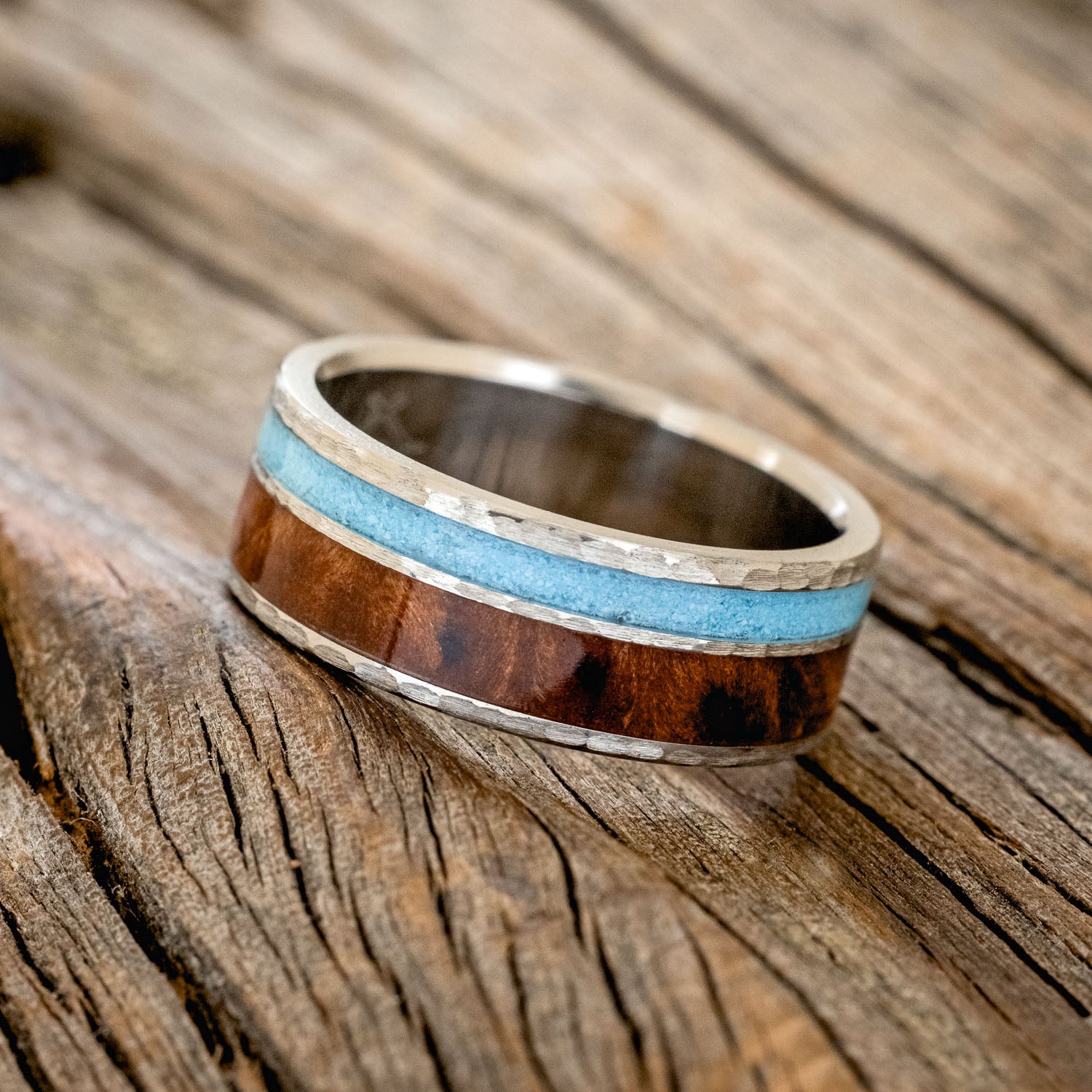 "RAPTOR" - REDWOOD & TURQUOISE WEDDING RING FEATURING A HAMMERED BAND-2