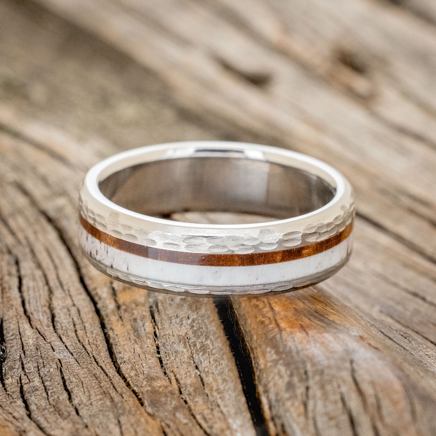 "TANNER" - REDWOOD & ANTLER WEDDING BAND WITH A HAMMERED FINISH-3