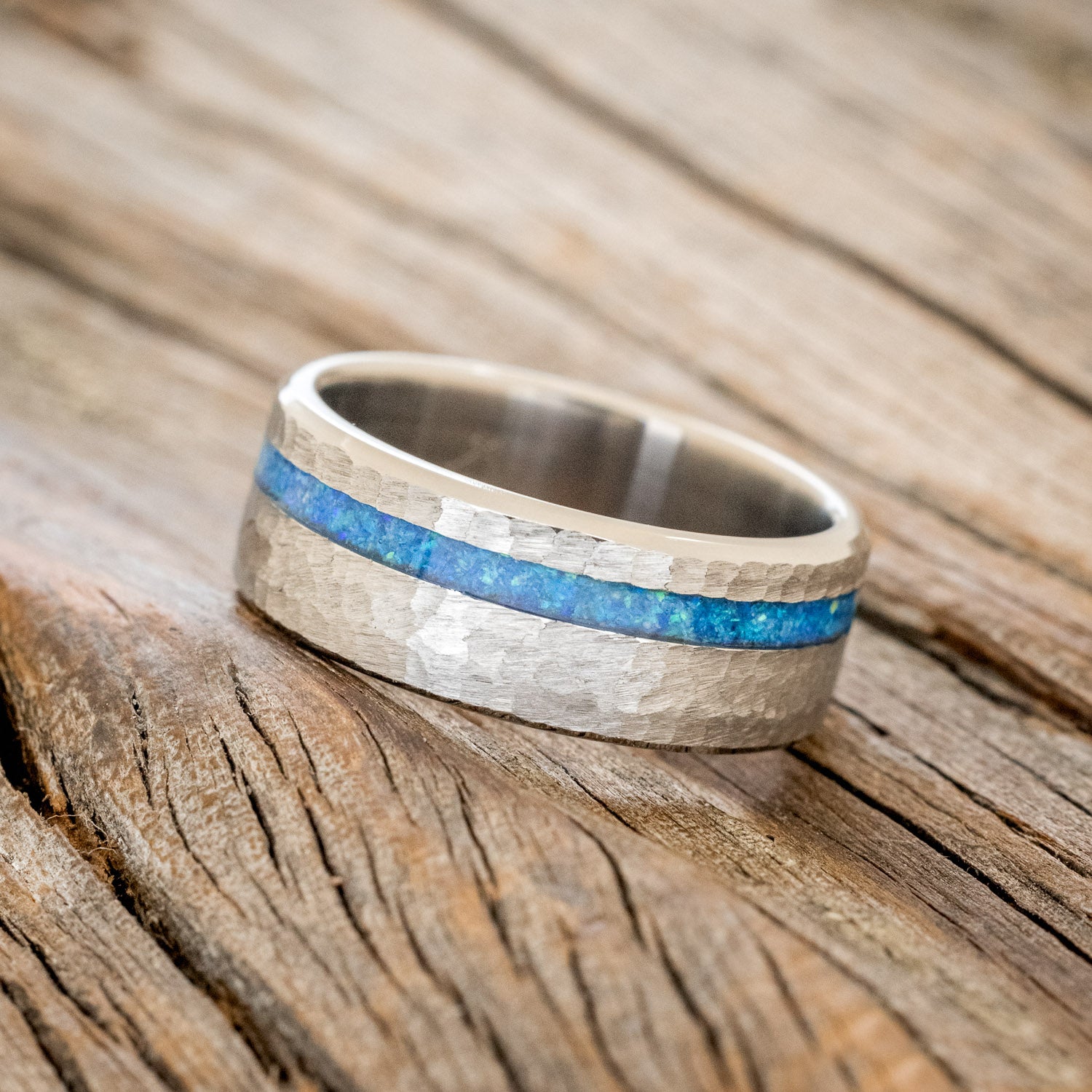 "VERTIGO" - BLUE OPAL WEDDING BAND WITH A HAMMERED FINISH-2