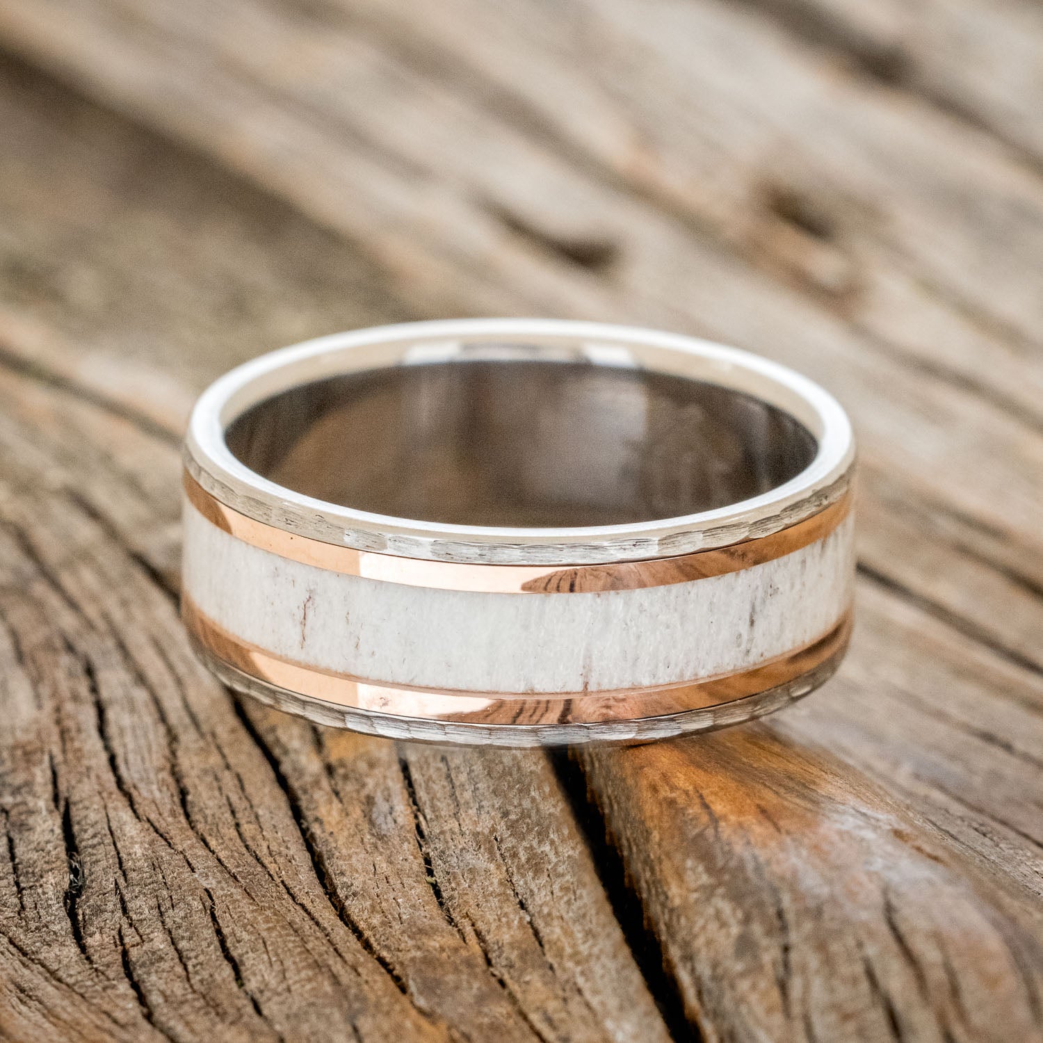 "HOLLIS" - ANTLER & 14K GOLD INLAYS WEDDING RING WITH A HAMMERED FINISH-3