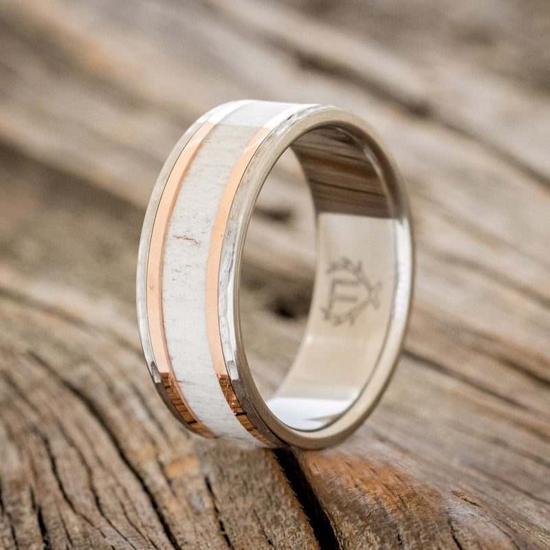 "HOLLIS" - ANTLER & 14K GOLD INLAYS WEDDING RING WITH A HAMMERED FINISH