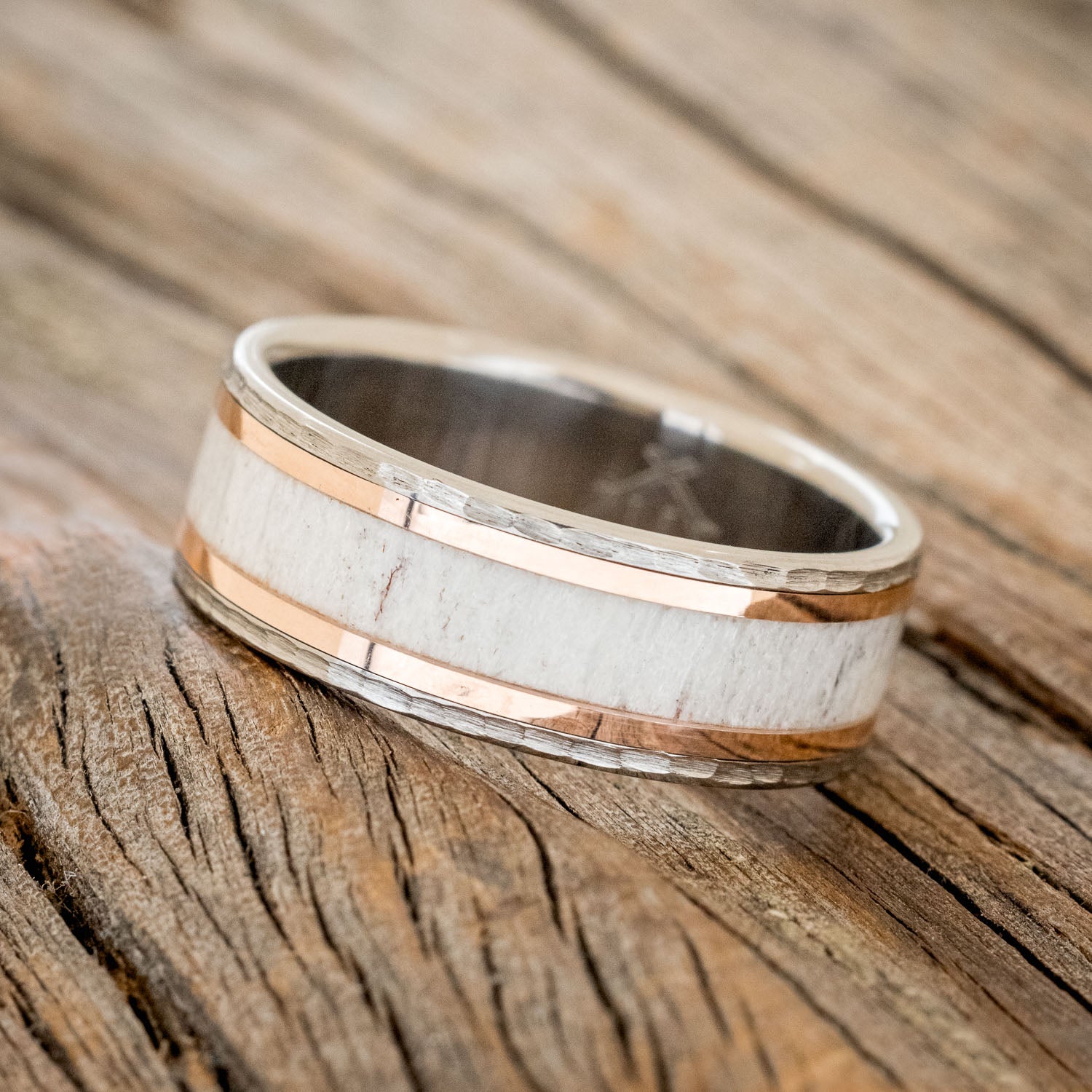 "HOLLIS" - ANTLER & 14K GOLD INLAYS WEDDING RING WITH A HAMMERED FINISH-2