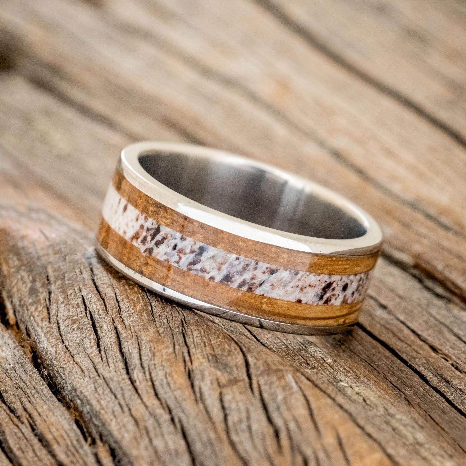 "RAINIER" - ANTLER & WHISKEY BARREL OAK WEDDING BAND - READY TO SHIP-2