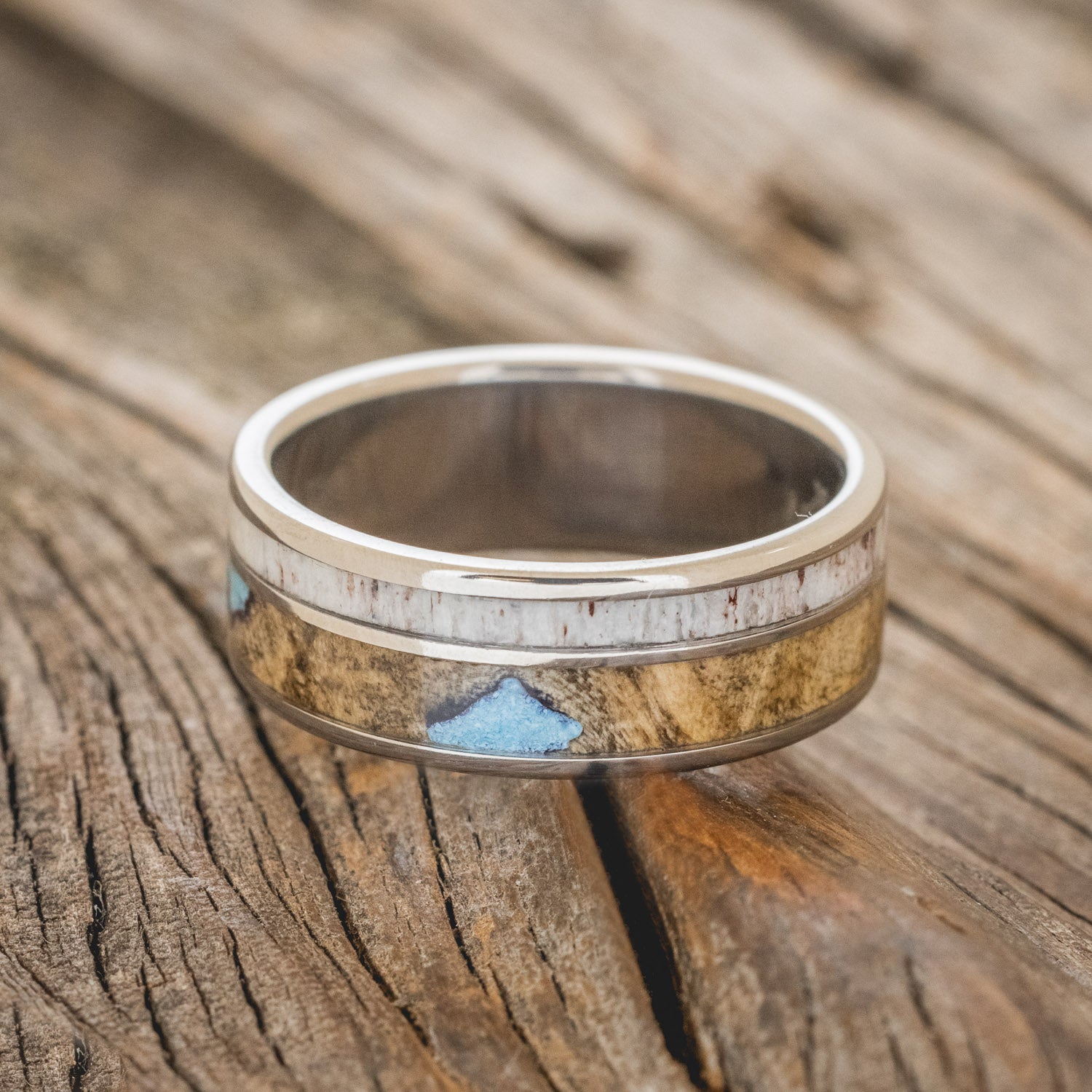 "RAPTOR" - ANTLER, BUCKEYE BURL & TURQUOISE WEDDING BAND - READY TO SHIP-3