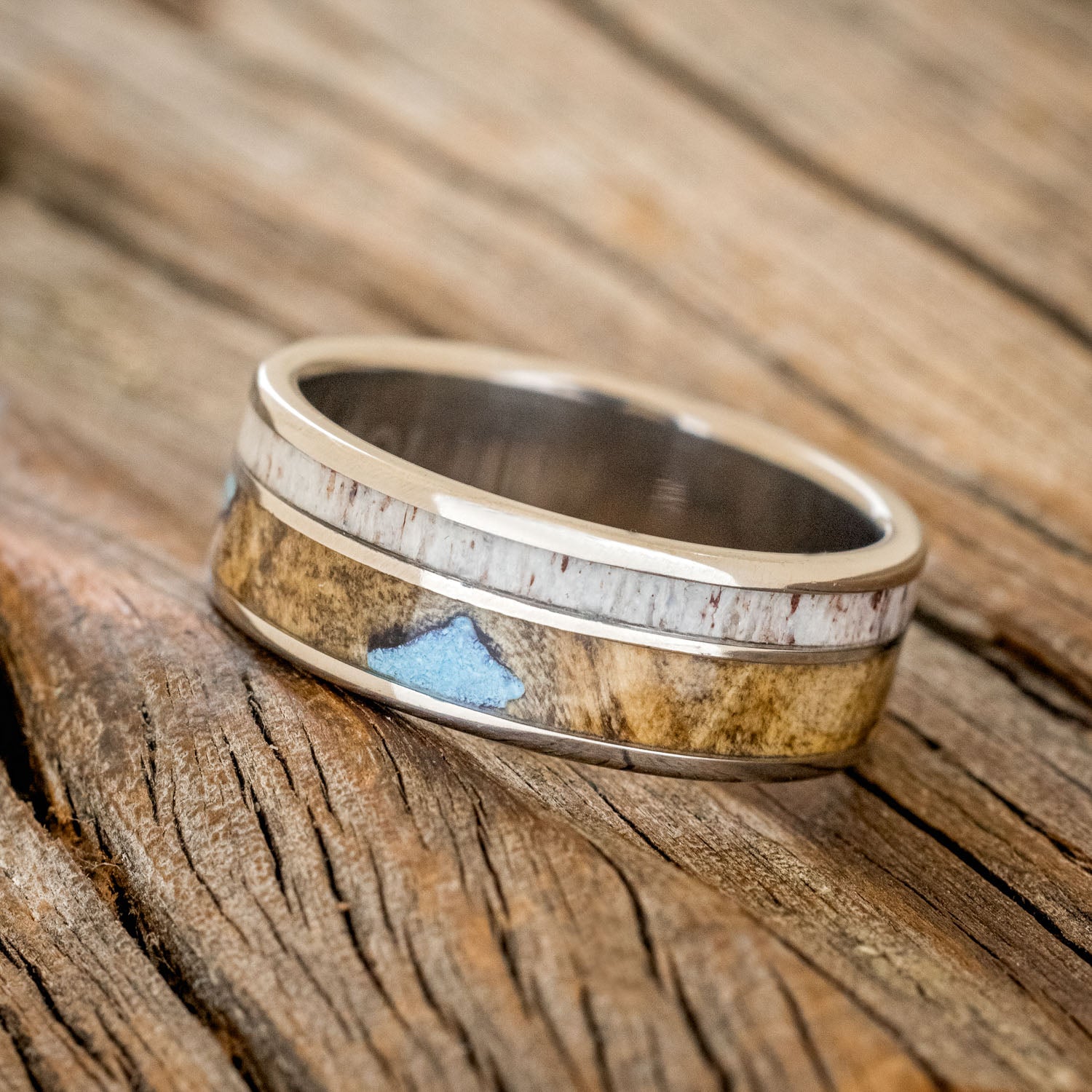 "RAPTOR" - ANTLER, BUCKEYE BURL & TURQUOISE WEDDING BAND - READY TO SHIP-2