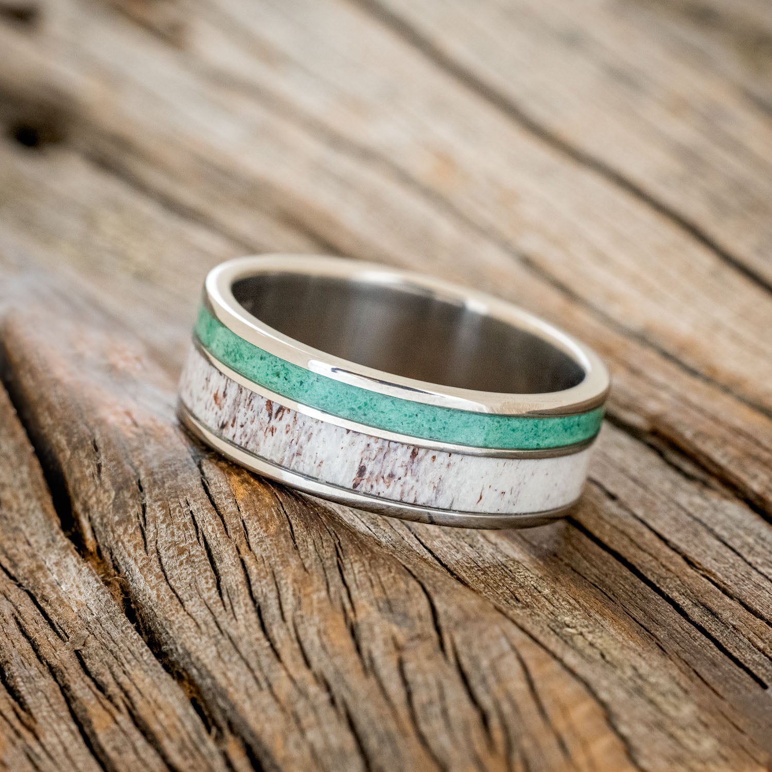 "RAPTOR" - ANTLER & MALACHITE WEDDING BAND-2