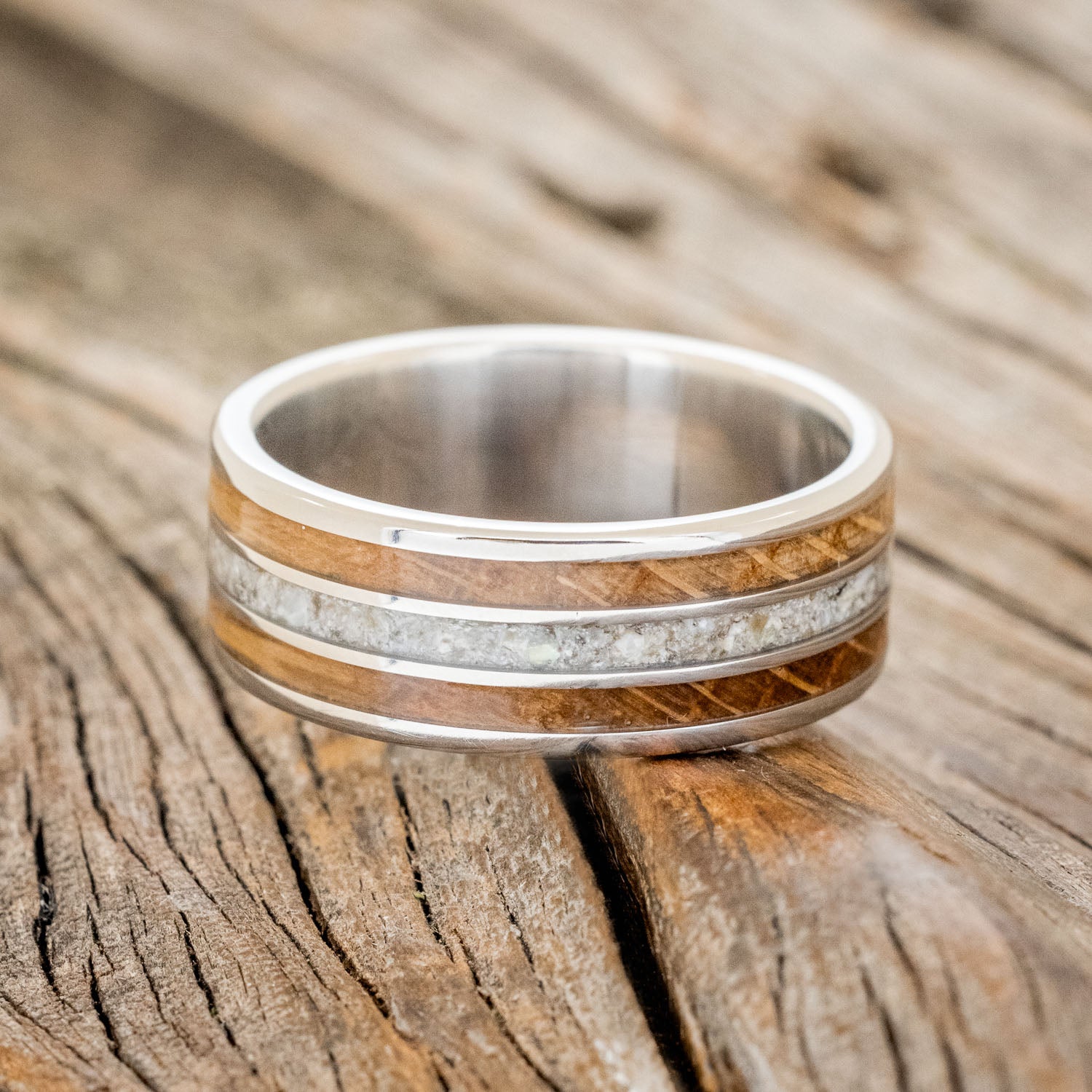 "RIO" - WHISKEY BARREL OAK & CRUSHED BLACK PEARL WEDDING RING-4