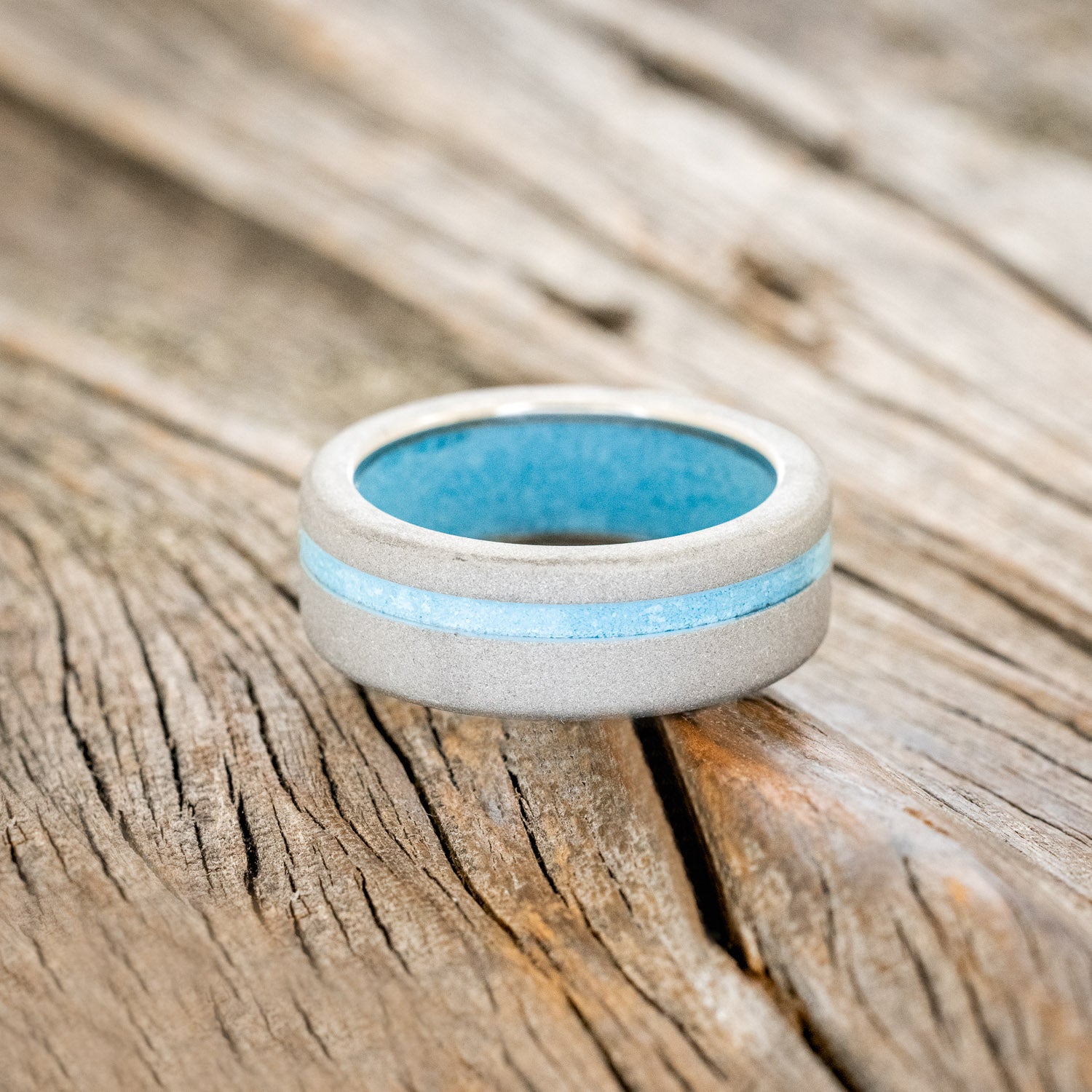 "VERTIGO" - TURQUOISE INLAY & LINING WEDDING BAND WITH A SANDBLASTED FINISH-5