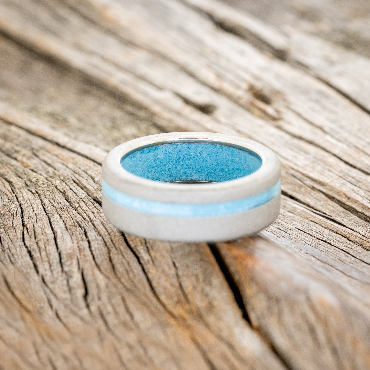 "VERTIGO" - TURQUOISE INLAY & LINING WEDDING BAND WITH A SANDBLASTED FINISH-3