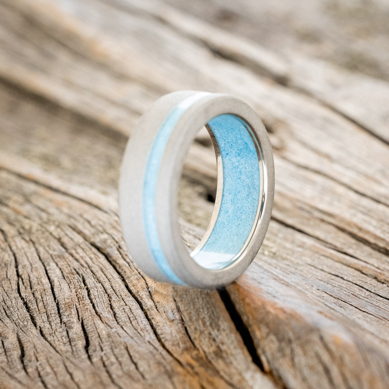 "VERTIGO" - TURQUOISE INLAY & LINING WEDDING BAND WITH A SANDBLASTED FINISH-4