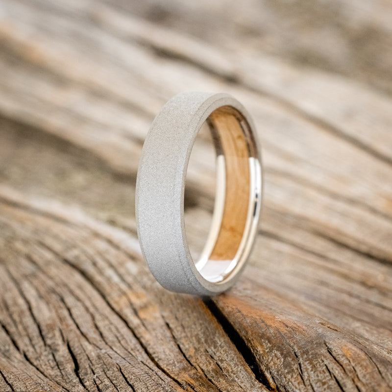 WHISKEY BARREL OAK LINED WEDDING RING WITH SANDBLASTED FINISH - READY TO SHIP-1