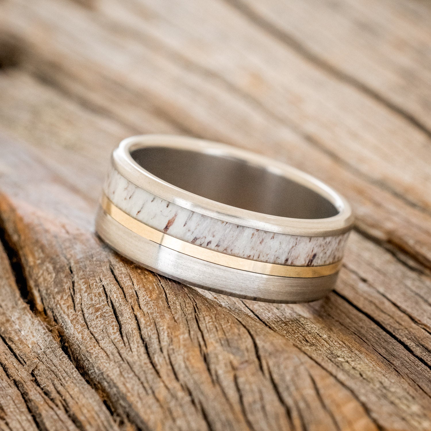 "TANNER" - ANTLER & 14K GOLD INLAY WEDDING BAND WITH A BRUSHED FINISH-2