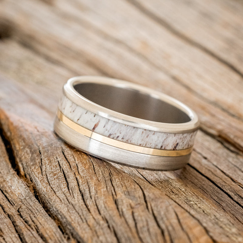 "TANNER" - ANTLER & 14K GOLD INLAY WEDDING BAND WITH A BRUSHED FINISH