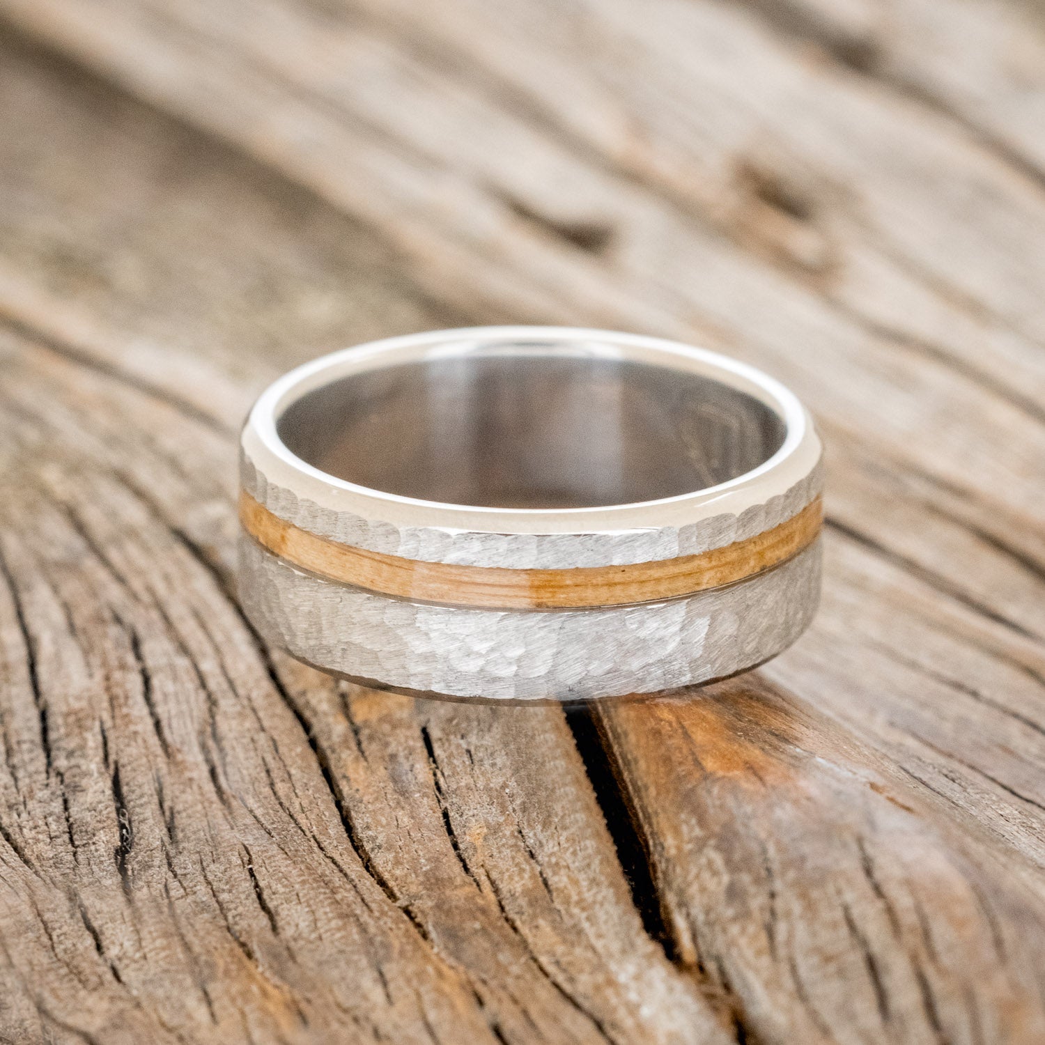 "VERTIGO" - WHISKEY BARREL OAK WEDDING BAND WITH HAMMERED FINISH-3