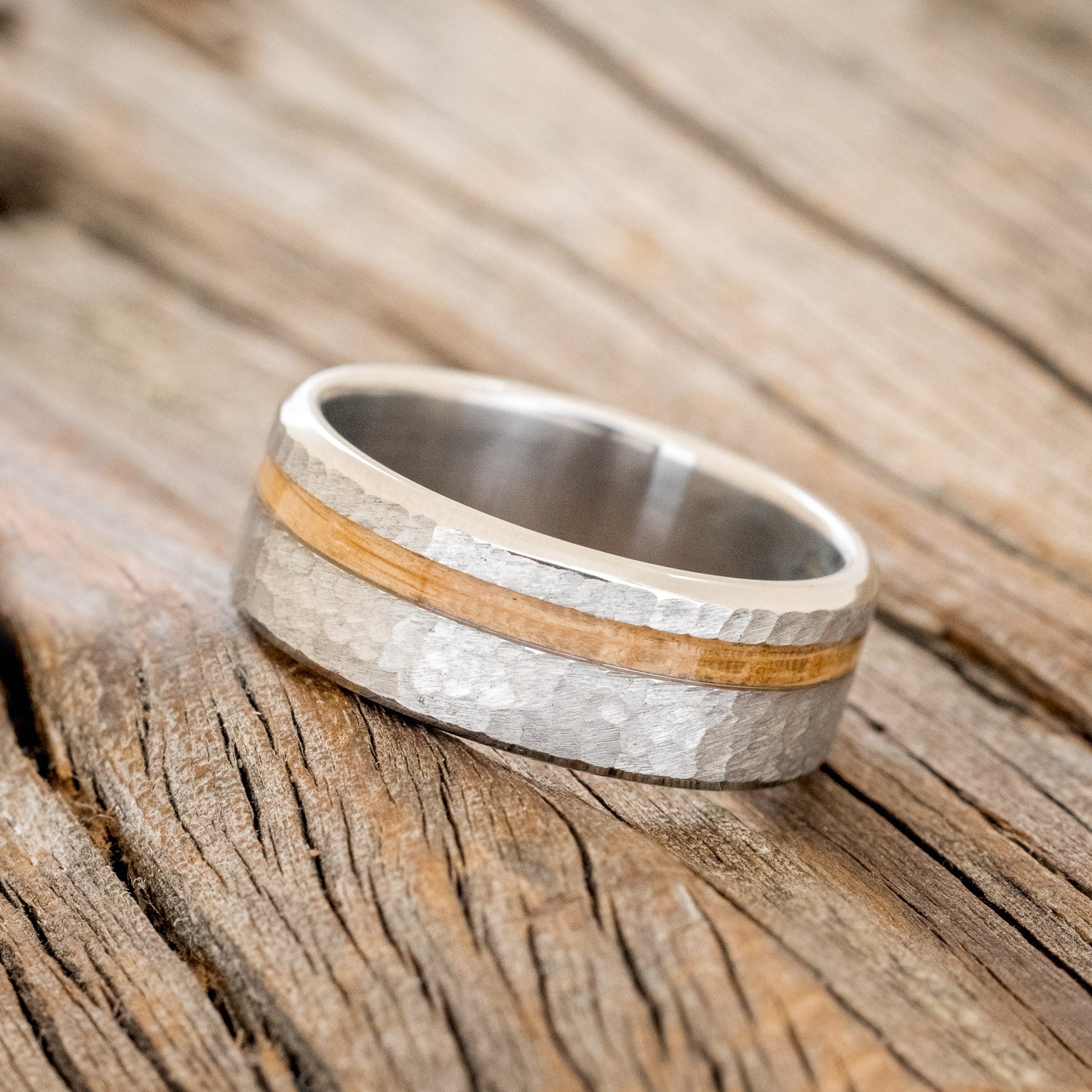 "VERTIGO" - WHISKEY BARREL OAK WEDDING BAND WITH HAMMERED FINISH-2