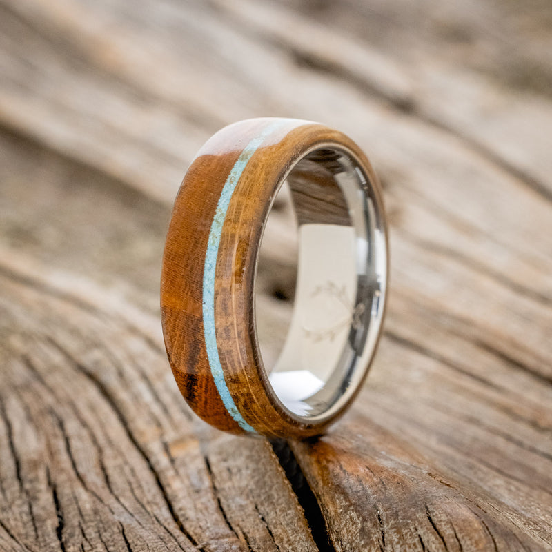 "ARGOS" - IRONWOOD, TURQUOISE & WHISKEY BARREL OAK WEDDING RING-4