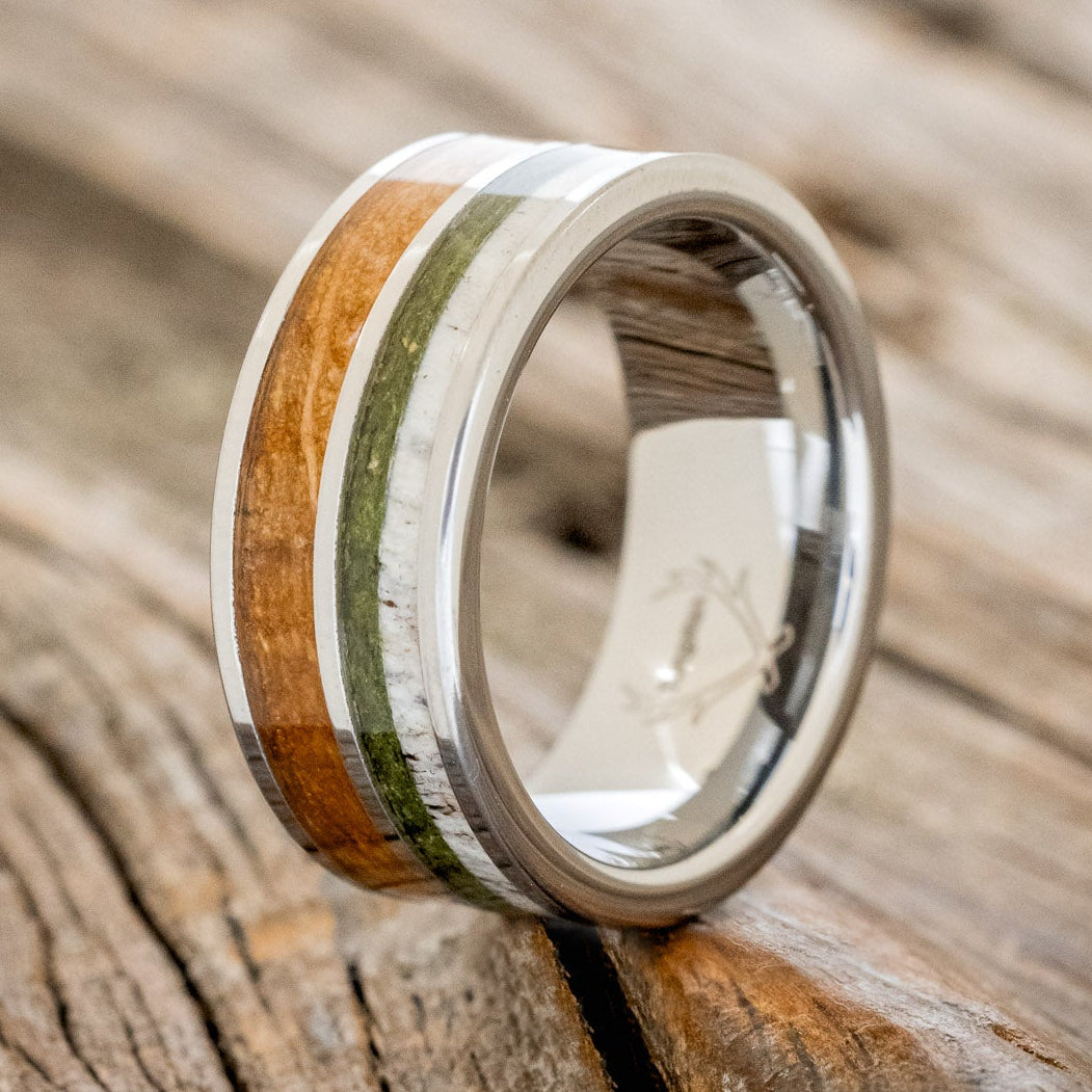 "DYAD" - MOSS, ANTLER & WHISKEY BARREL OAK WEDDING BAND-4