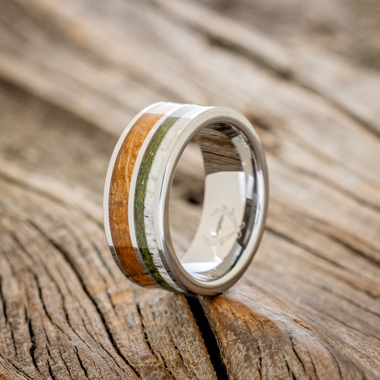 "DYAD" - MOSS, ANTLER & WHISKEY BARREL OAK WEDDING BAND-4