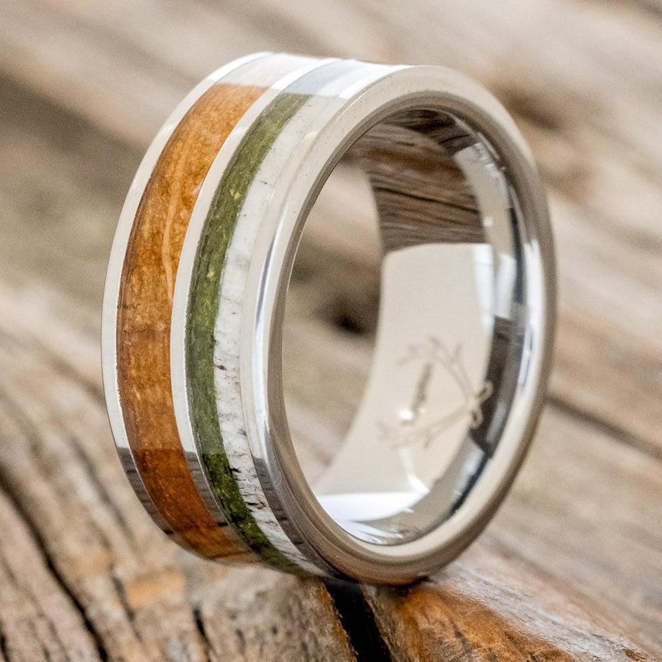 "DYAD" - MOSS, ANTLER & WHISKEY BARREL OAK WEDDING BAND-4