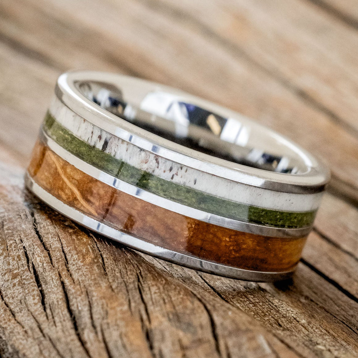 "DYAD" - MOSS, ANTLER & WHISKEY BARREL OAK WEDDING BAND-5