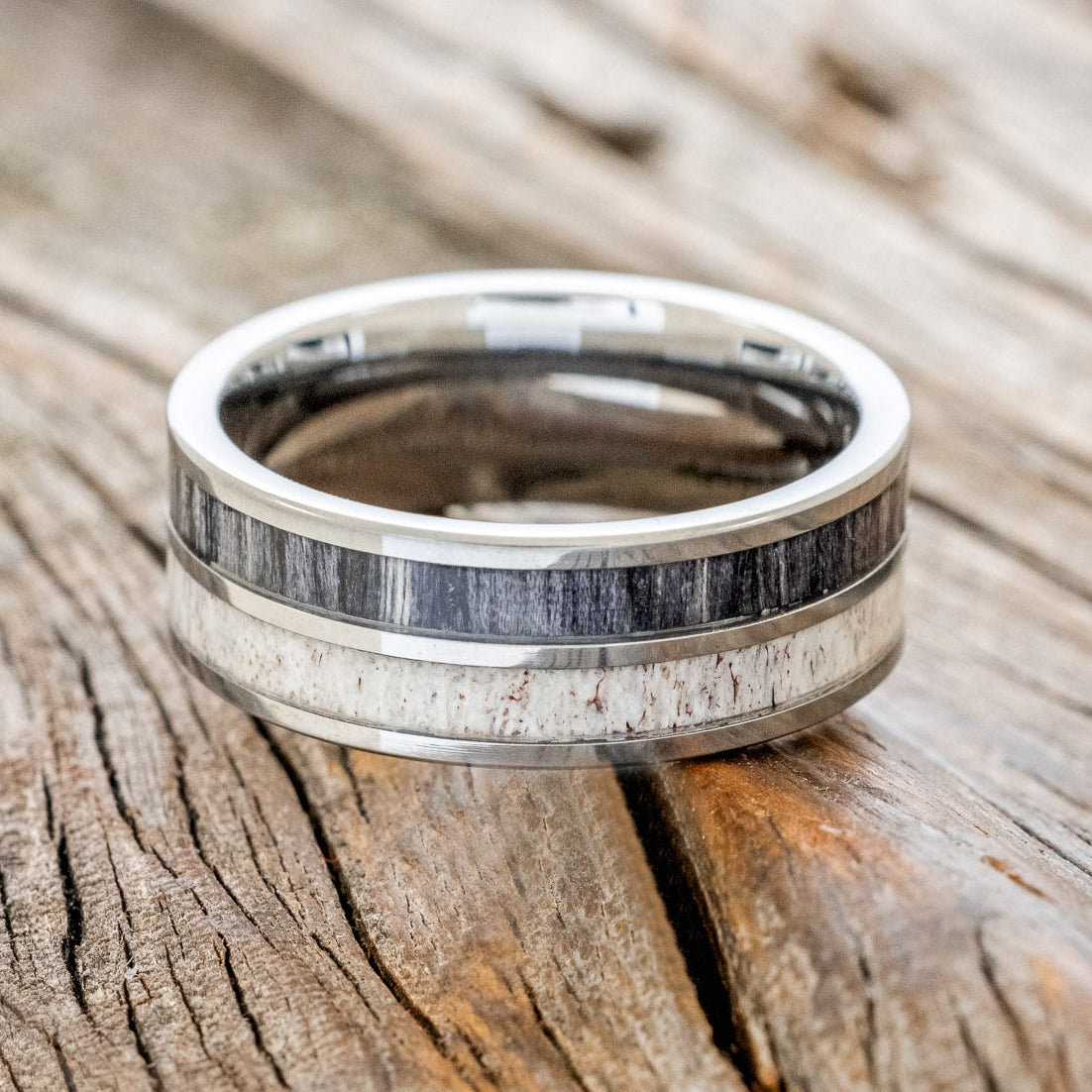 "DYAD" - GREY BIRCH WOOD & ANTLER WEDDING BAND-6