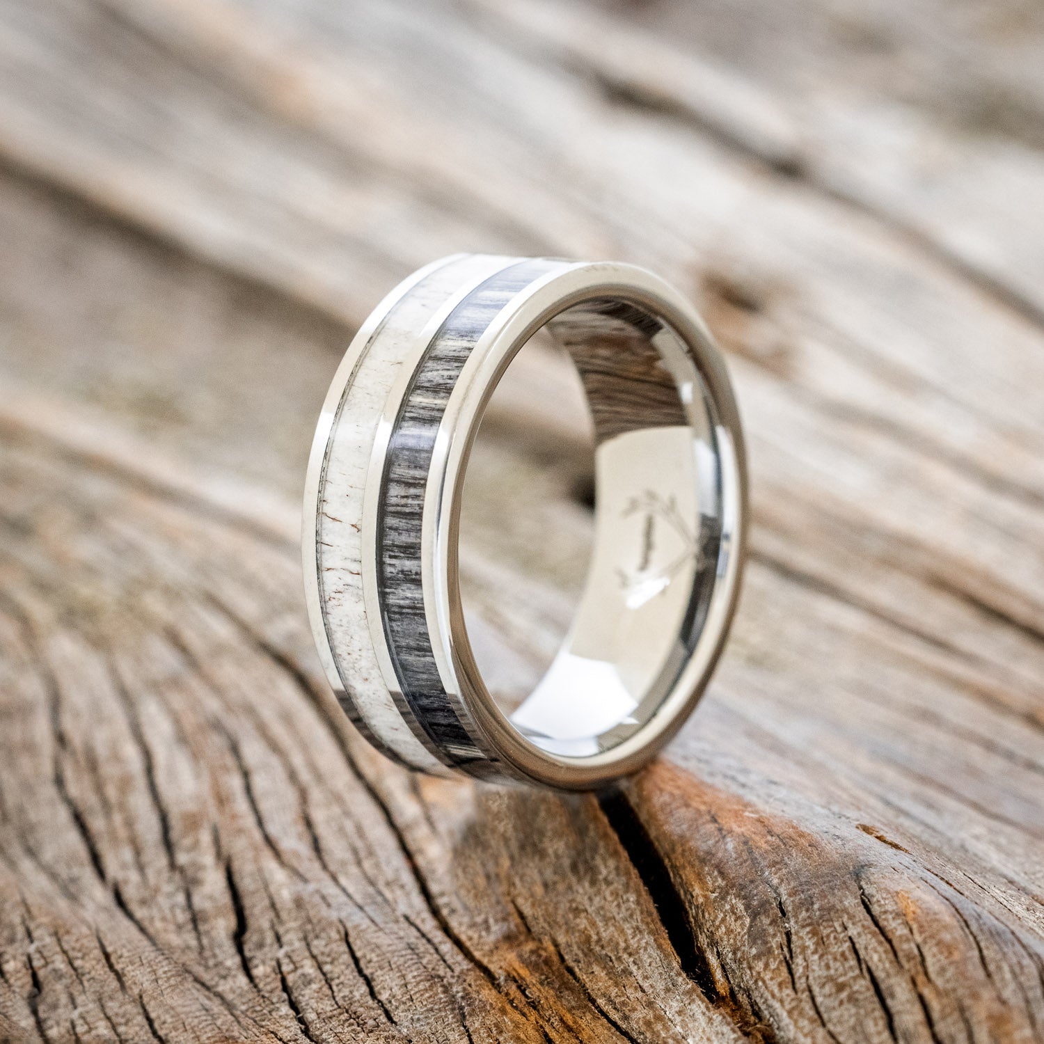"DYAD" - GREY BIRCH WOOD & ANTLER WEDDING BAND - READY TO SHIP-4