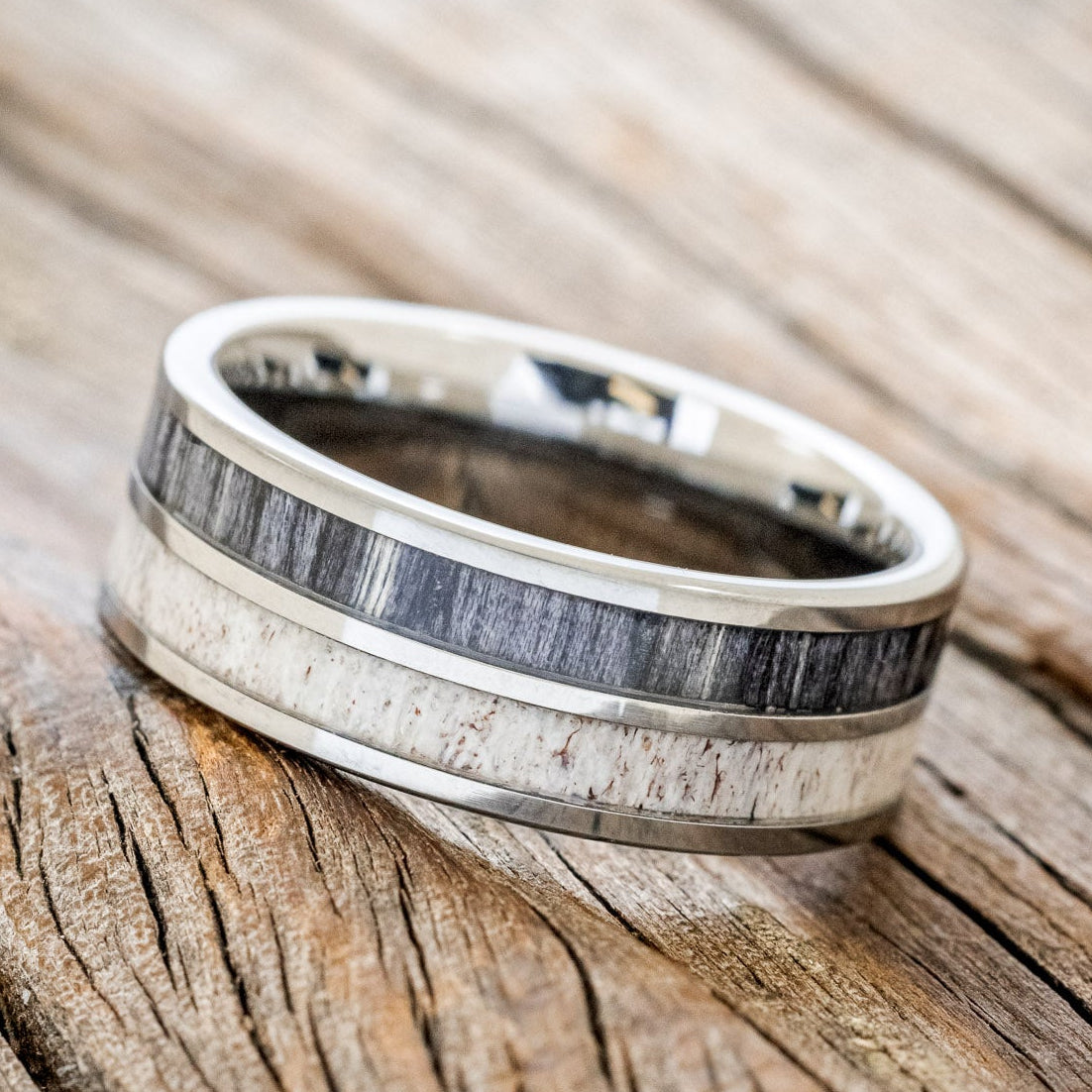 "DYAD" - GREY BIRCH WOOD & ANTLER WEDDING BAND-5