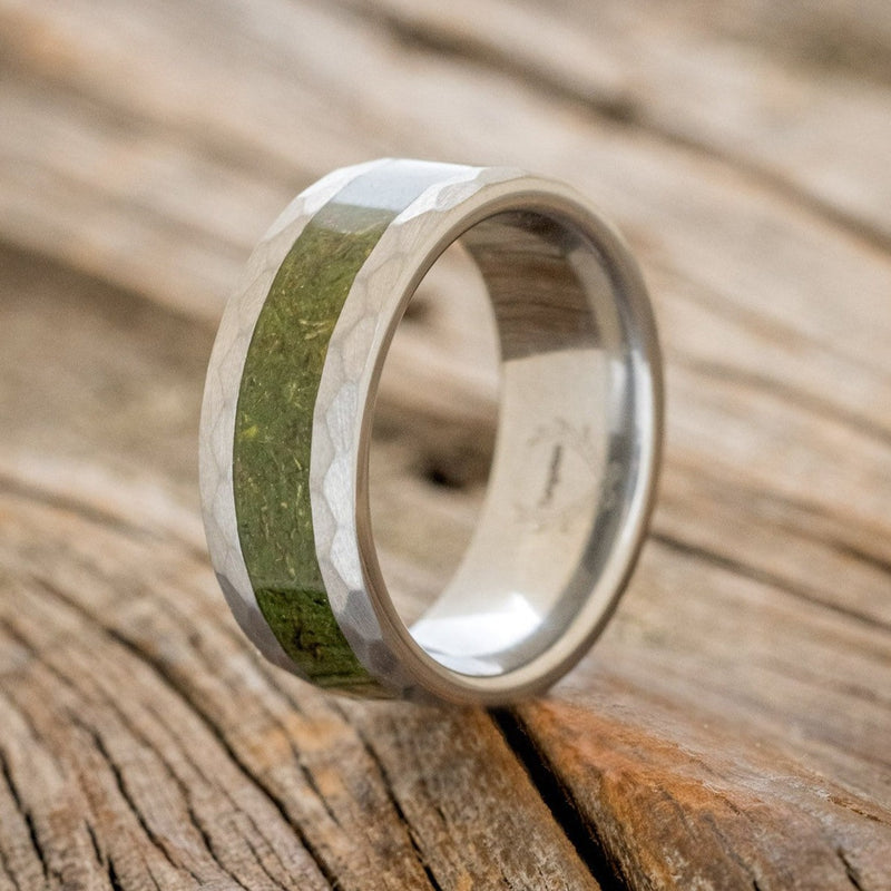 "APOLLO" - FACETED TUNGSTEN WEDDING BAND WITH MOSS INLAY-1