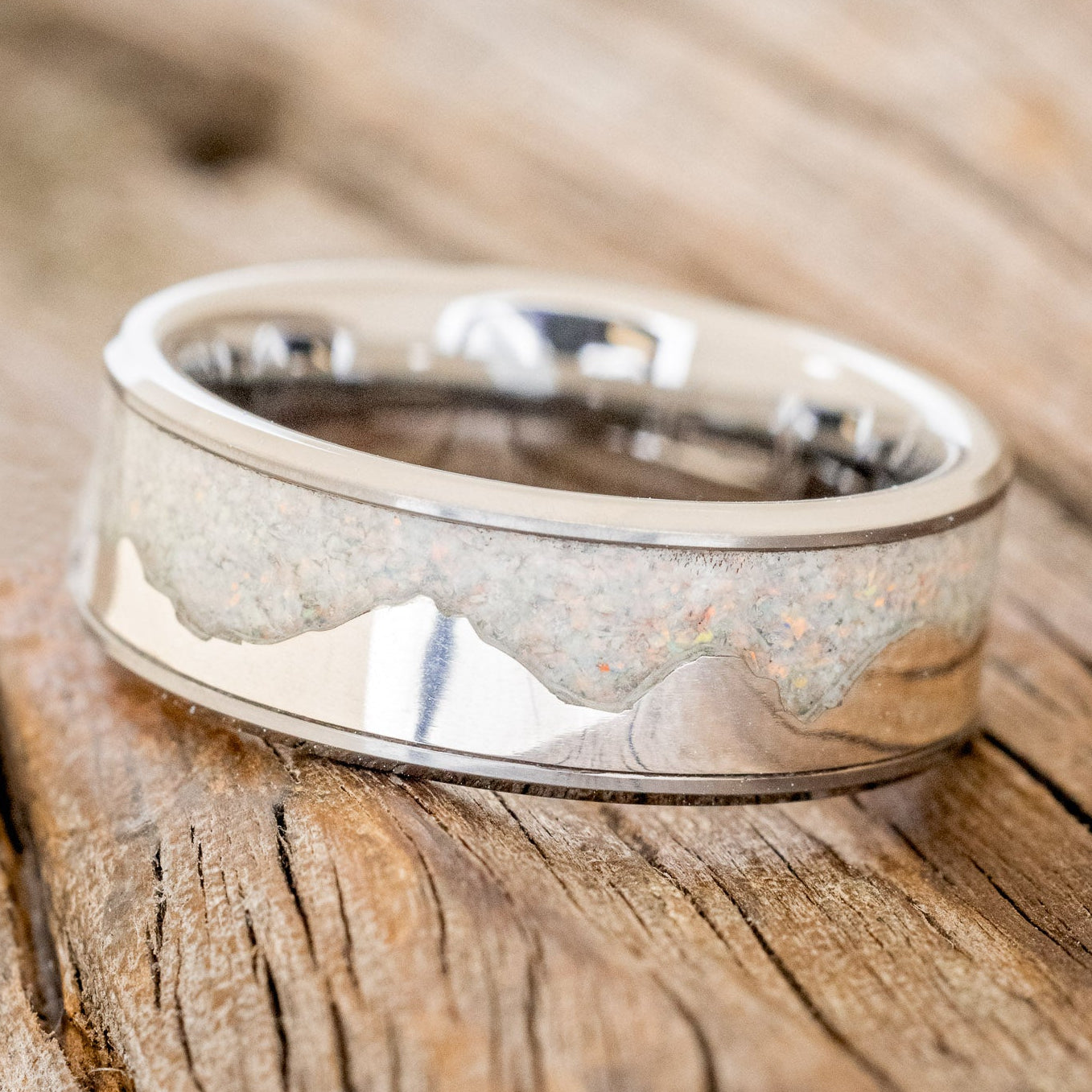 "HELIOS" - FIRE & ICE OPAL WITH SILVER MOUNTAIN RANGE WEDDING RING-8