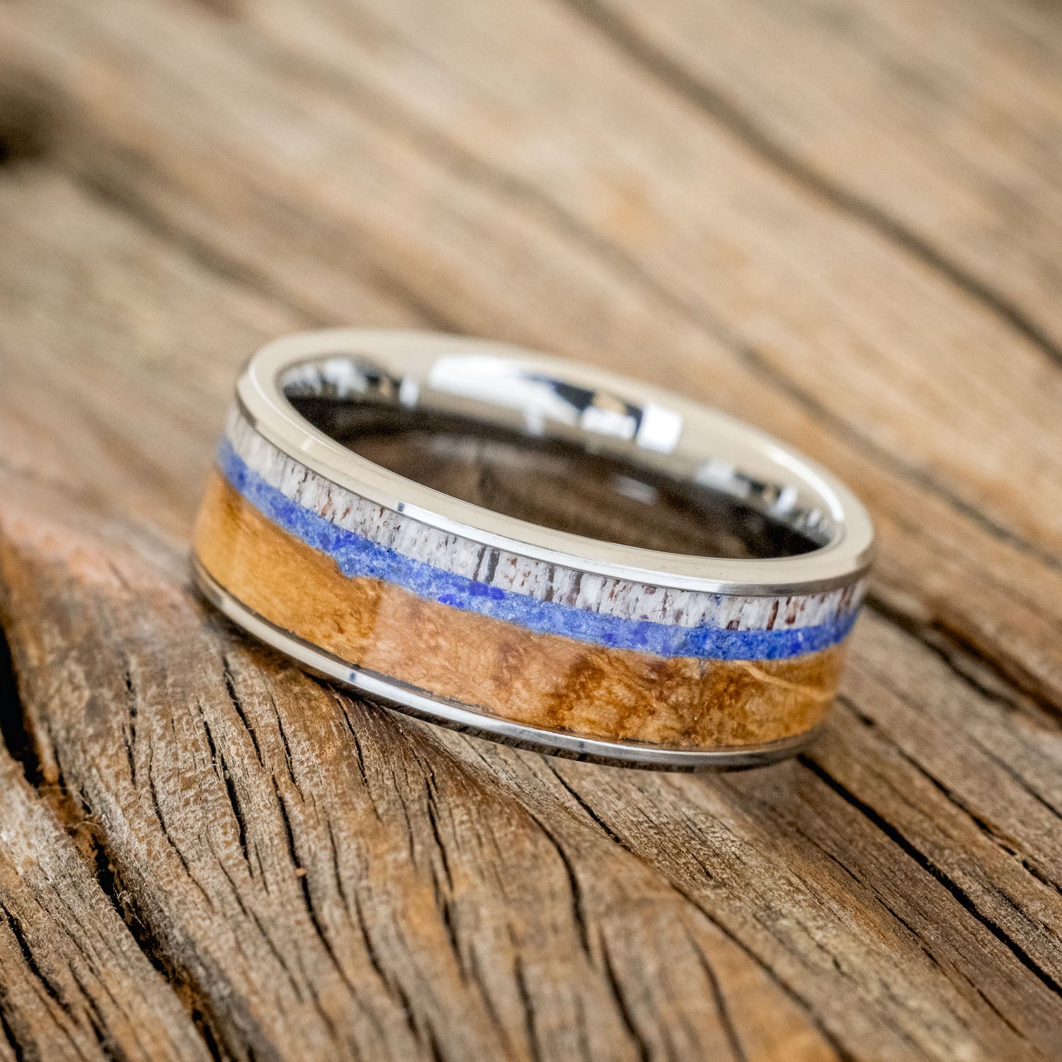 "RAINIER" - ANTLER, LAPIS LAZULI & WHISKEY BARREL OAK WEDDING BAND-2