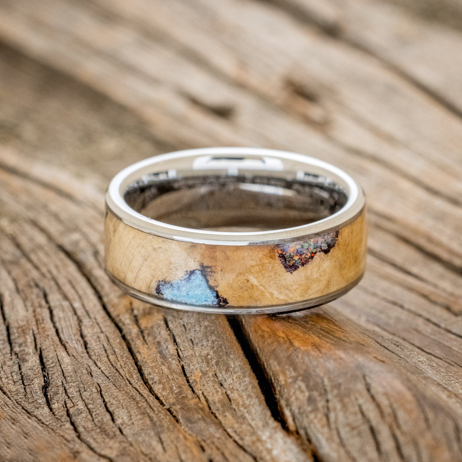 "RAINIER" - BUCKEYE BURL WOOD, OPAL & TURQUOISE WEDDING BAND-6