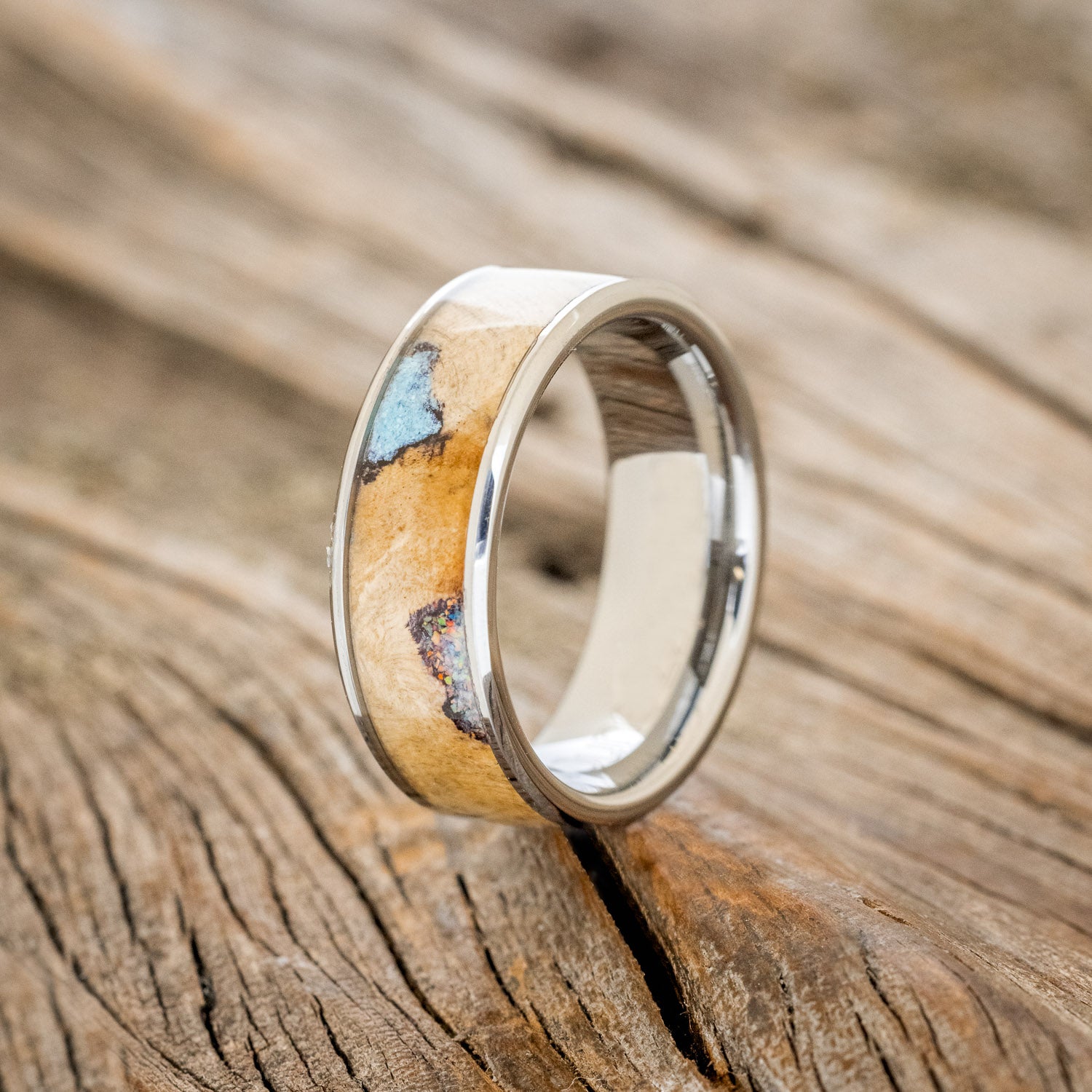 "RAINIER" - BUCKEYE BURL WOOD, OPAL & TURQUOISE WEDDING BAND-4