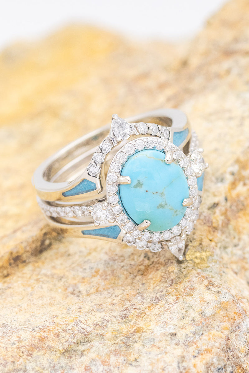 "KB" - BRIDAL SUITE - OVAL TURQUOISE ENGAGEMENT RING WITH DIAMOND ACCENTS & TRACER