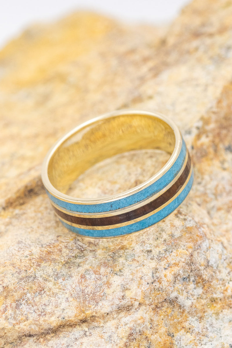 "RIO" - IRONWOOD & TURQUOISE INLAYS WEDDING RING FEATURING A 14K GOLD BAND