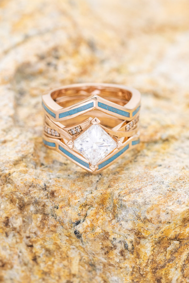 Lina - Princess Cut Moissanite Engagement Ring with Turquoise Ring Guard 14K White Gold w/ Ring Guard
