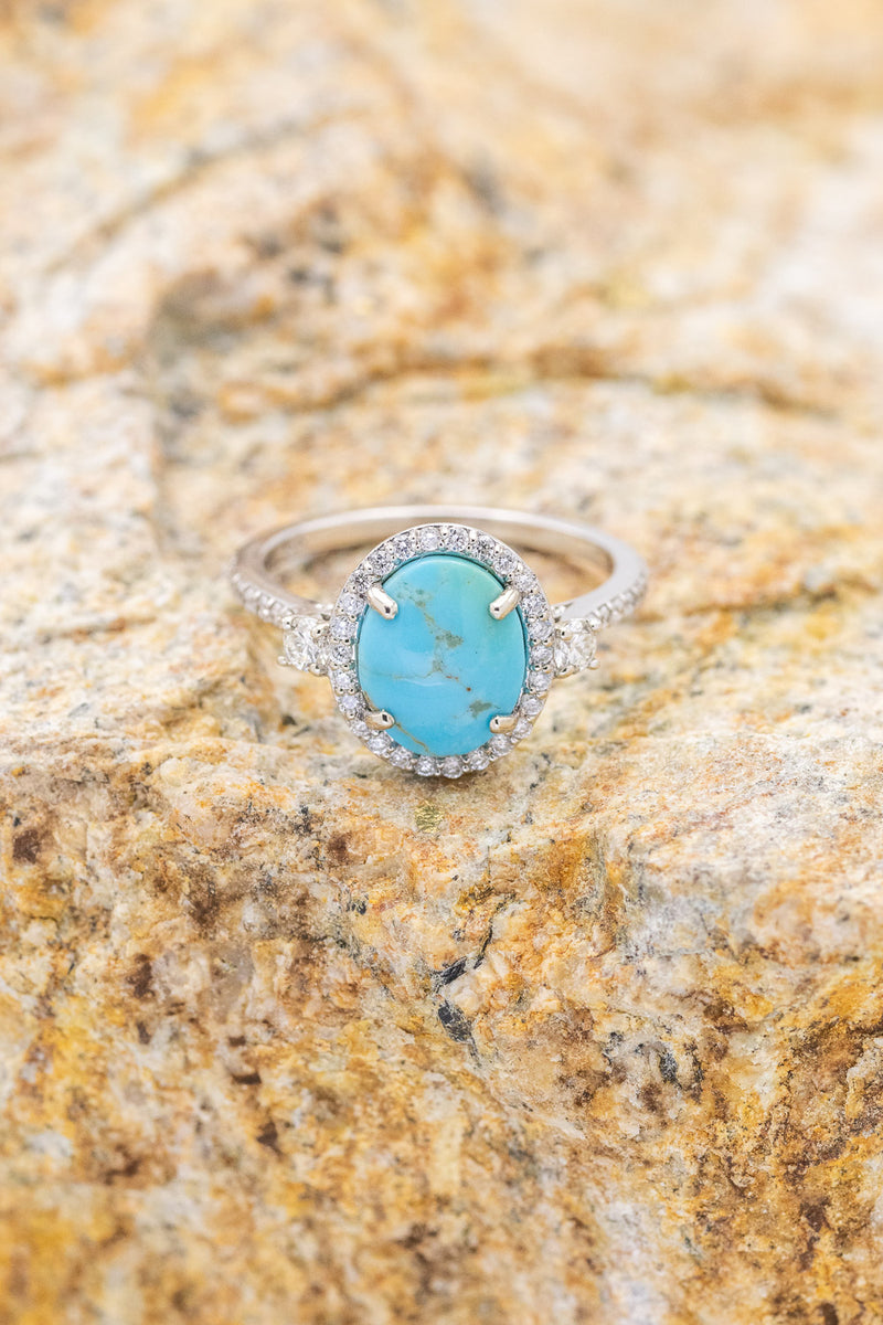 "KB" - BRIDAL SUITE - OVAL TURQUOISE ENGAGEMENT RING WITH DIAMOND ACCENTS & TRACER