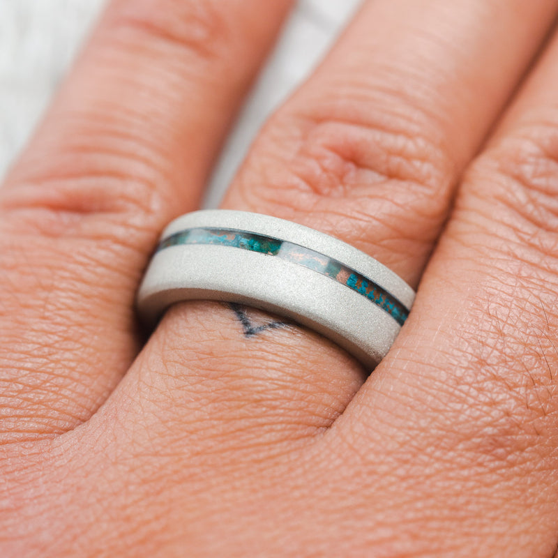 "VERTIGO" - PATINA COPPER WEDDING RING FEATURING A TURQUOISE LINING & SANDBLASTED FINISH - READY TO SHIP-11