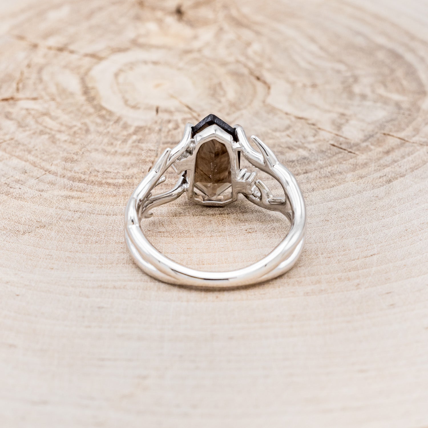 "ARTEMIS" - ELONGATED HEXAGON SMOKY QUARTZ ENGAGEMENT RING WITH DIAMOND ACCENTS & ANTLER STYLE STACKER-11