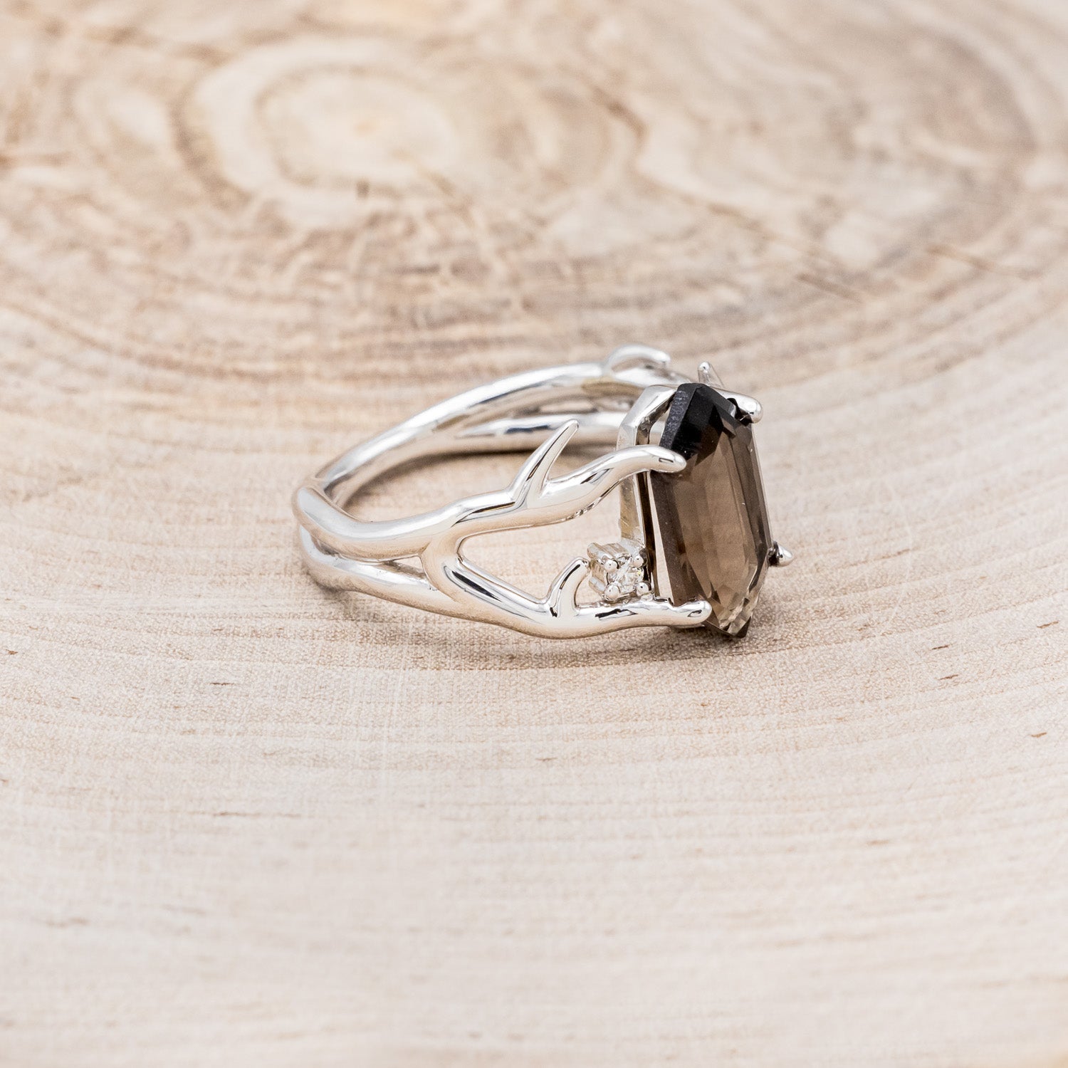"ARTEMIS" - ELONGATED HEXAGON SMOKY QUARTZ ENGAGEMENT RING WITH DIAMOND ACCENTS & ANTLER STYLE STACKER-8