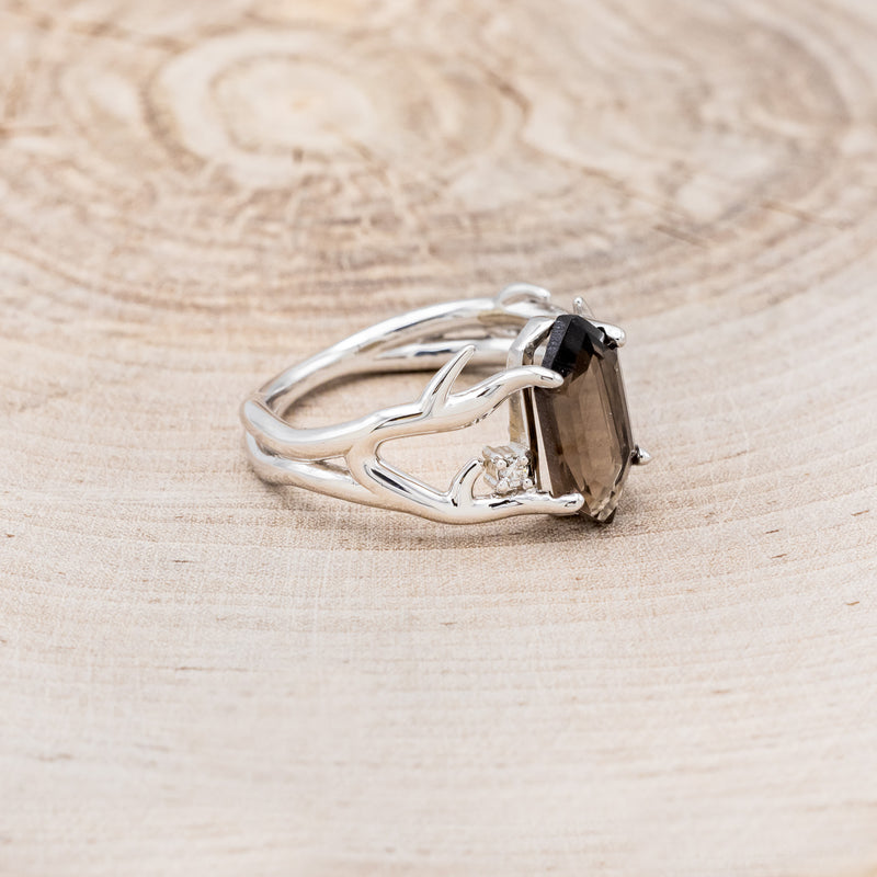 "ARTEMIS" - ELONGATED HEXAGON SMOKY QUARTZ ENGAGEMENT RING WITH DIAMOND ACCENTS & ANTLER STYLE STACKER