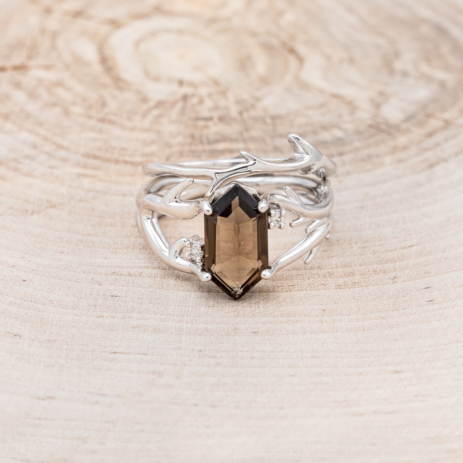 "ARTEMIS" - ELONGATED HEXAGON SMOKY QUARTZ ENGAGEMENT RING WITH DIAMOND ACCENTS & ANTLER STYLE STACKER-4