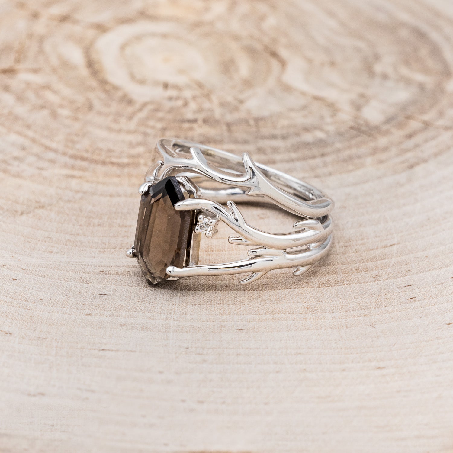 "ARTEMIS" - ELONGATED HEXAGON SMOKY QUARTZ ENGAGEMENT RING WITH DIAMOND ACCENTS & ANTLER STYLE STACKER-3
