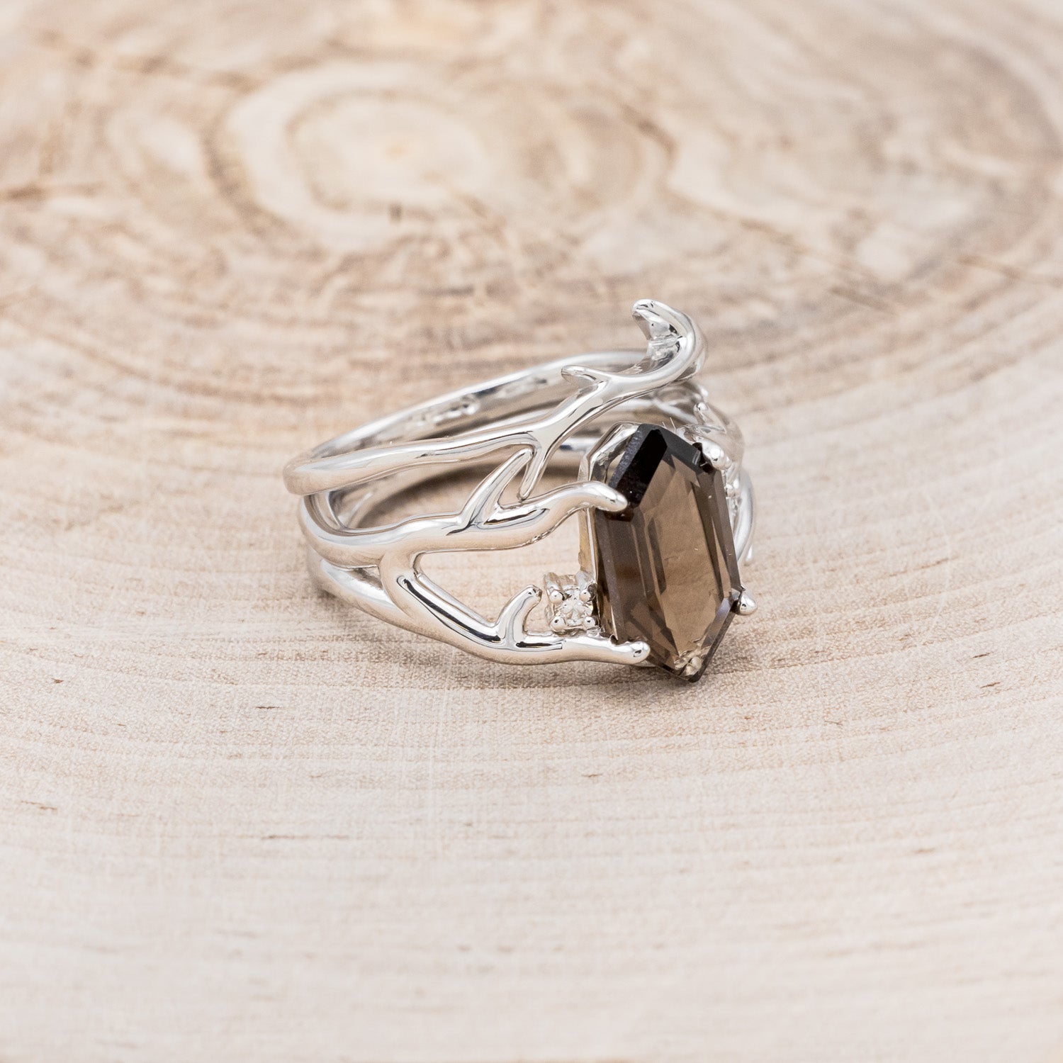 "ARTEMIS" - ELONGATED HEXAGON SMOKY QUARTZ ENGAGEMENT RING WITH DIAMOND ACCENTS & ANTLER STYLE STACKER-2