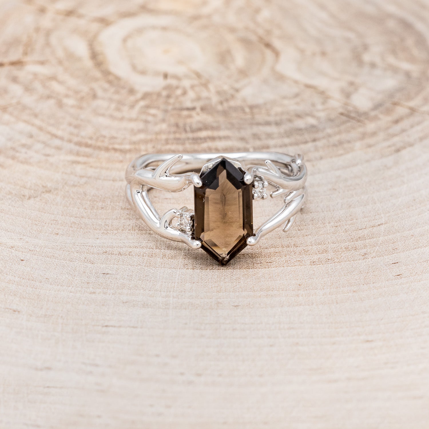 "ARTEMIS" - ELONGATED HEXAGON SMOKY QUARTZ ENGAGEMENT RING WITH DIAMOND ACCENTS & ANTLER STYLE STACKER-10