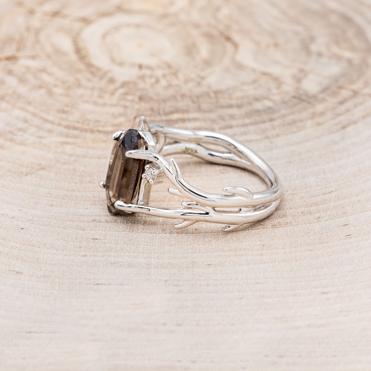 "ARTEMIS" - ELONGATED HEXAGON SMOKY QUARTZ ENGAGEMENT RING WITH DIAMOND ACCENTS & ANTLER STYLE STACKER-9