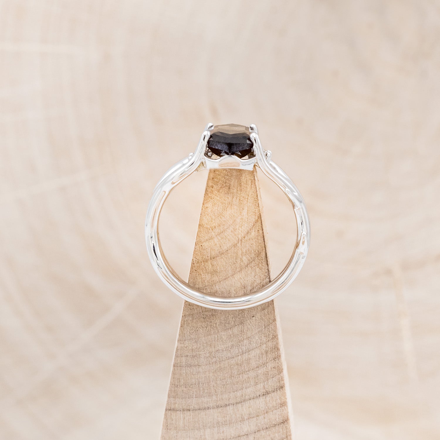 "ARTEMIS" - ELONGATED HEXAGON SMOKY QUARTZ ENGAGEMENT RING WITH DIAMOND ACCENTS & ANTLER STYLE STACKER-12